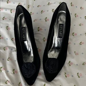 Stuart Weitzman Black Velvet Pointed-Toe Rosette Heels
